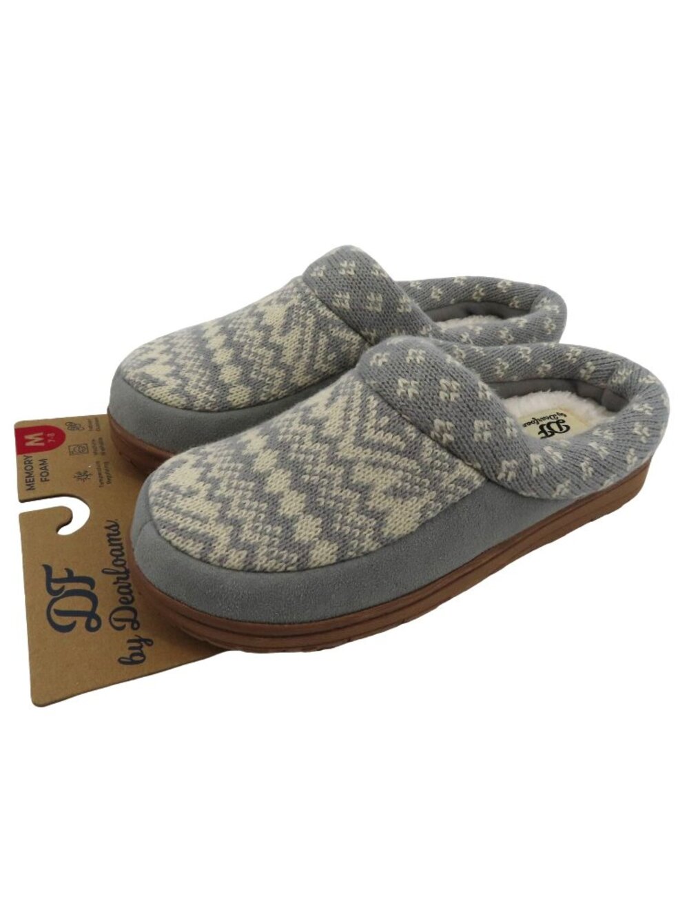 Dearfoams Medium 7-8 Gray Sweater Knit Indoor Outdoor Memory Foam Slippers NEW